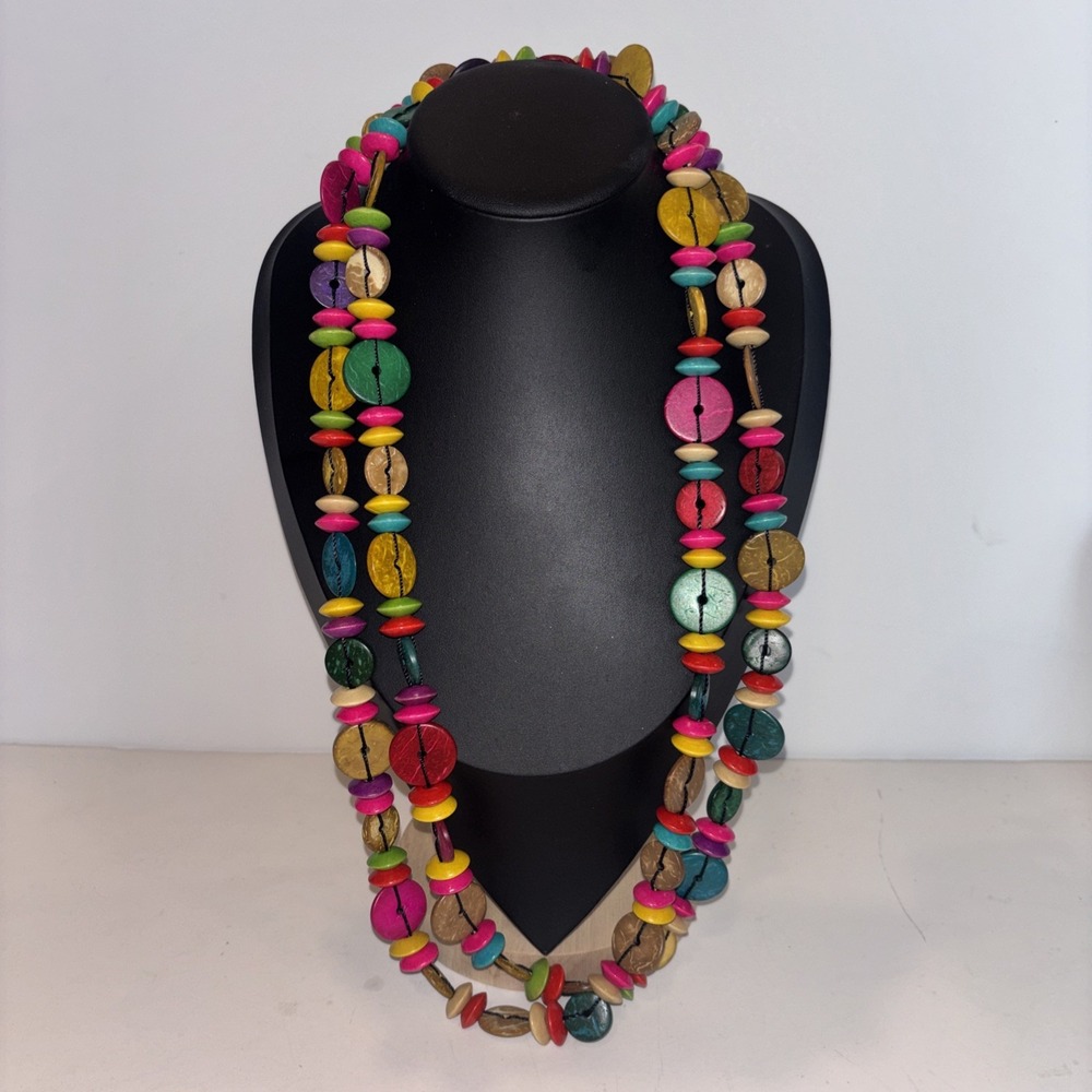 Vintage Extra Long 54" Wooden Disc Bead Rope Necklace - Colorful Boho Strand